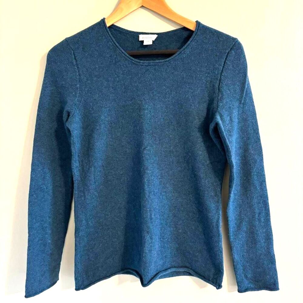Sundance Women's 100% Cashmere Sweater Rolled Trim Blue Sz PM Cottage Nature